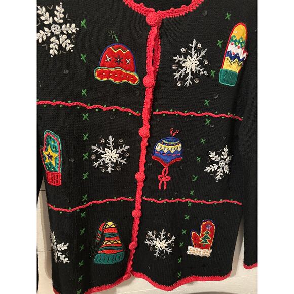 Cherokee Women’s Black Christmas Vintage Knit Sweater Size Medium Button Up - Picture 6 of 9